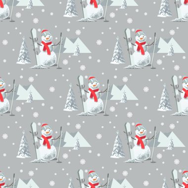 Sonsuz desen Noel tema. Vektör sorunsuz çizim bir kardan adam, ağaçlar, gri arka plan dağlarda Kayak kıyafeti kar ile kaplı.