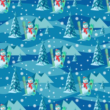 Sonsuz desen Noel tema. Vektör sorunsuz çizim bir kardan adam, ağaçlar, mavi arka plan dağlarda Kayak snowboard kar ile kaplı.