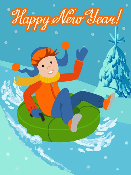 Ano Novo cartão bonito criança na tubulação de neve. Ilustração vetorial com lettering congratulação . — Vetor de Stock