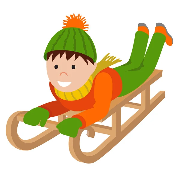 Söta barn på snö sledding. Vektor illustration isolerade vit bakgrund — Stock vektor