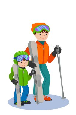 Baba ve oğul kar dağda Kayak. Aile kış spor vektör çizim.