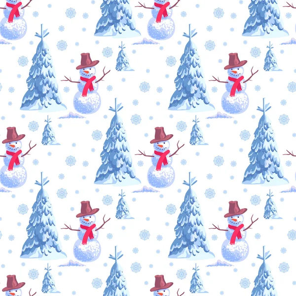 新的一年假期的的无缝背景。大量的雪人和圣诞树上白色。无尽寒冬模式. — 图库矢量图片