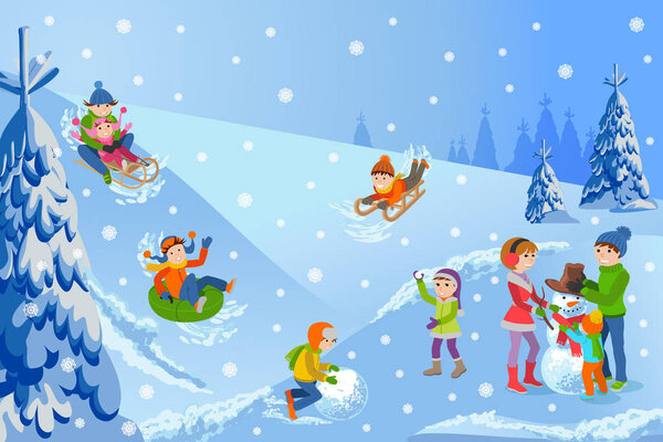 Vector illustration of winter landscape happy children playing with snowman walking outdoor.