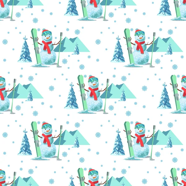 Tema de Natal padrão sem fim. Ilustração sem emenda vetorial de um boneco de neve, equipamento de esqui com árvores cobertas de neve, montanhas no fundo branco . — Vetor de Stock