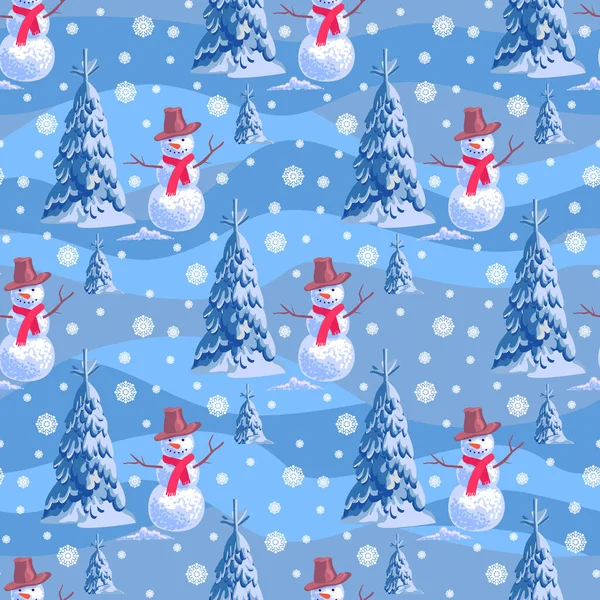 Sfondo senza soluzione di continuità sul tema di Capodanno. Un sacco di pupazzi di neve e albero di Natale striscia blu cumulo di neve . — Vettoriale Stock