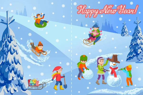 Ilustração vetorial de cartão de felicitações de ano novo com paisagem de inverno crianças felizes jogando boneco de neve andando ao ar livre . — Vetor de Stock