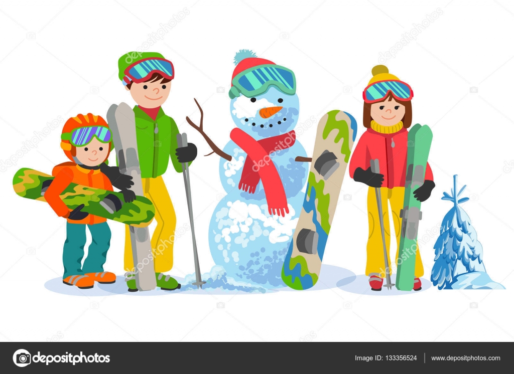 Happy Family Ski And Snowbording With Snowman Vector Illustration Winter Sport Concept People Skiers Equipment In Clothes Vector Image By C Tusia Vector Stock