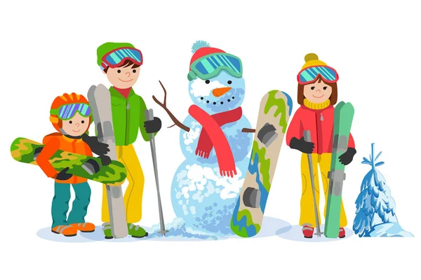 Glückliche Familie Ski und Snowbording mit Schneemann. Vektor Illustration Wintersportkonzept. Menschen Skifahrer Ausrüstung in Kleidung — Stockvektor