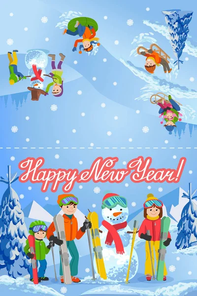 Εικονογράφηση φορέας νέο έτος κάρτα συγχαρητηρίων με χειμερινό τοπίο ευτυχισμένη οικογένεια παιχνίδι χιονάνθρωπος, σκι, sleding περπάτημα εξωτερική. — Διανυσματικό Αρχείο