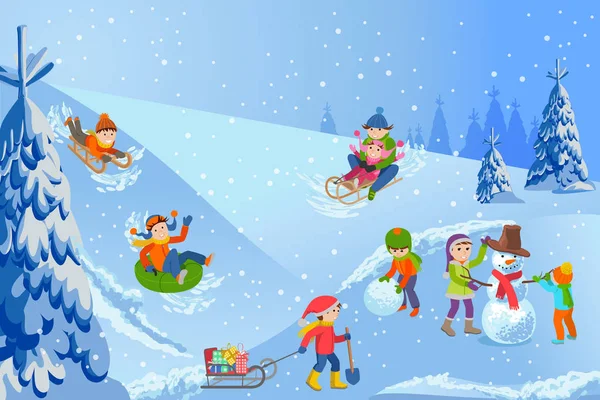 Vektor Illustration der Winterlandschaft glückliche Kinder spielen mit Schneemann Wandern im Freien. — Stockvektor