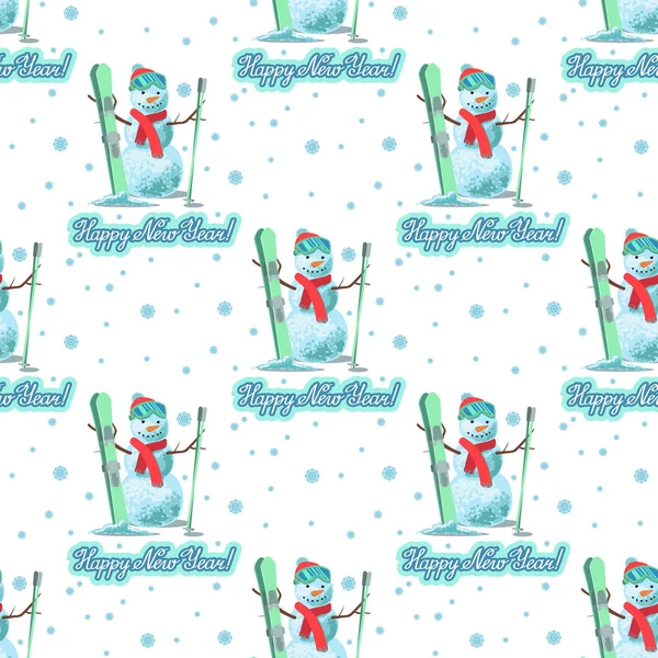Nekonečné vzor vánoční téma. Vektorové ilustrace bezešvé sněhulák s lyží na bílém pozadí nápis ongratulation. — Stockový vektor