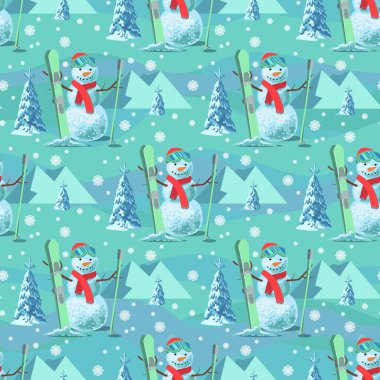 Sonsuz desen Noel tema. Vektör sorunsuz çizim bir kardan adam, ağaçlar, mavi arka plan dağlarda Kayak kıyafeti kar ile kaplı.