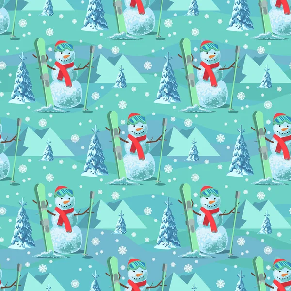 无休止的模式圣诞主题。矢量无缝插画的雪人，滑雪装与雪覆盖树木，山中的蓝色背景. — 图库矢量图片
