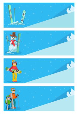 Dağ kayakçı kış spor afiş tasarım şablonu. Snowboard ve Kayak flyers. Vektör çizim.