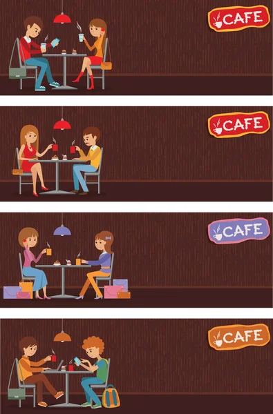 Un par de personas en la cafetería. Vector Ilustración con amigos hombres y mujeres sentados en las mesas . — Vector de stock