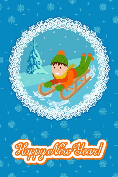 Ano Novo cartão bonito criança em trenó de neve. Ilustração vetorial com lettering congratulação . — Vetor de Stock