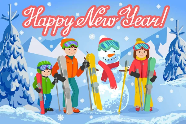 Kayak, açık yürüyüş oynarken kardan adam, kış manzara mutlu bir aile ile yeni yıl kutlama kartı vektör çizim. — Stok Vektör