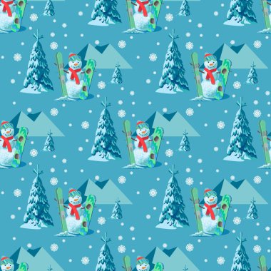 Sonsuz desen Noel tema. Vektör sorunsuz çizim bir kardan adam, ağaçlar, mavi arka plan dağlarda Kayak snowboard kıyafeti kar ile kaplı.