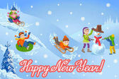 Vektor Illustration des neuen Jahres Glückwunschkarte mit Winterlandschaft glückliche Kinder spielen Schneemann Wandern im Freien.