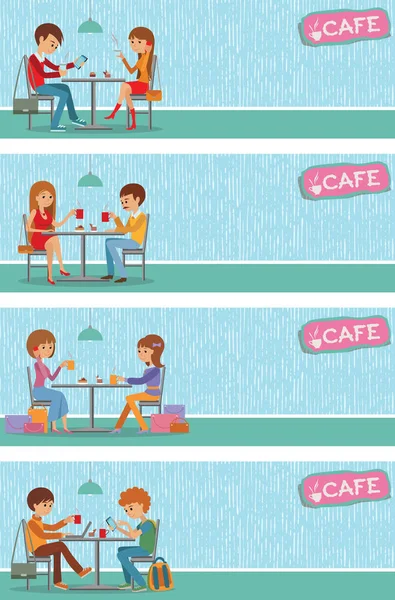 Páry lidí v kavárně. Vektorové ilustrace s přátel mužů a žen sedících u stolu. — Stockový vektor
