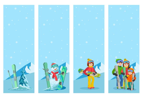 Esqui de montanha modelo de design de folheto esporte de inverno. Snowboard e esqui em panfletos. Ilustração vetorial . — Vetor de Stock