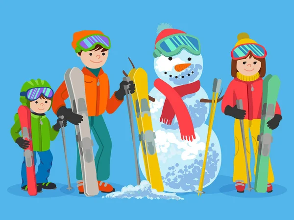 Glückliche Familienskifahrer mit Schneemann. Vektor Illustration Wintersportkonzept. Menschen Skiausrüstung in Kleidung — Stockvektor