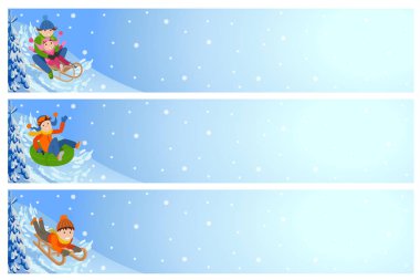 Vector illustration of children playing outdoor. Horizontal flyers with kids and winter landscape. clipart