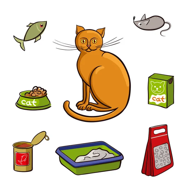 Set de productos para gatos. Ilustración vectorial . — Vector de stock