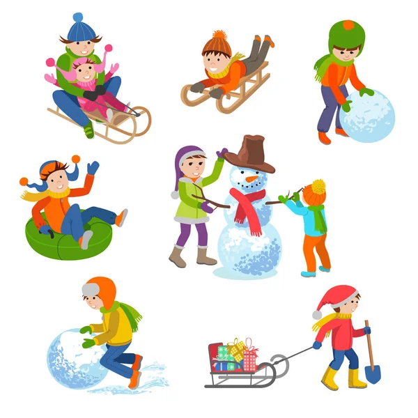Illustrazione vettoriale di bambini che giocano in strada in inverno. Bambini scolpisce pupazzo di neve, cavalcando le colline su slitte, tubi , . — Vettoriale Stock
