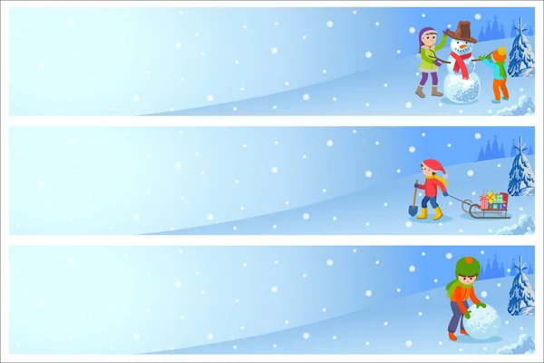 Illustration vectorielle d'enfants jouant dans la rue en hiver. Les enfants sculptent bonhomme de neige. Flyers horizontaux avec paysage . — Image vectorielle