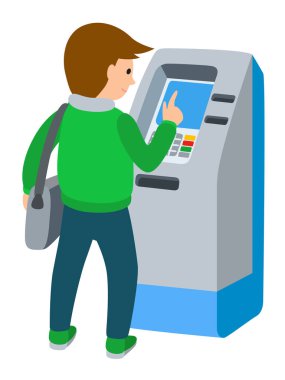 ATM makinesi kullanan adam. Beyaz arka plan vektör illüstrasyon insan izole.