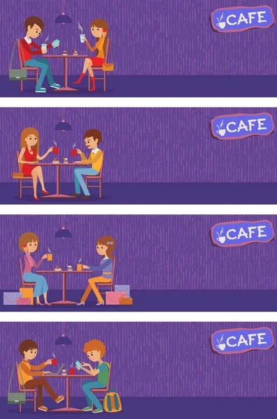 Un par de personas en la cafetería. Vector Ilustración con amigos hombres y mujeres sentados en las mesas . — Vector de stock