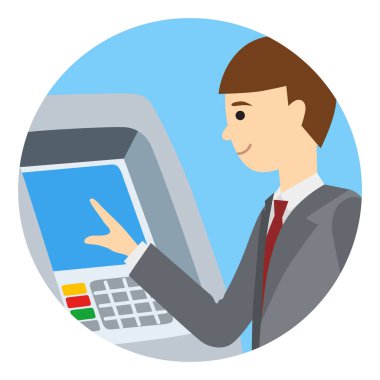 ATM makine kullanarak iş adamı. İnsanlar izole Icone beyaz arka plan yuvarlak vektör çizim.