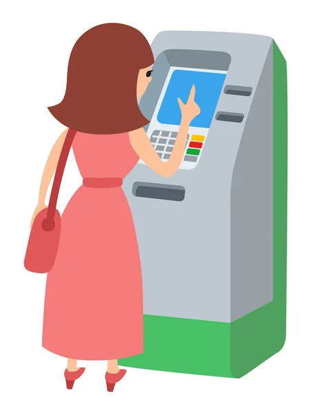 Femme utilisant un distributeur automatique. Illustration vectorielle icone isolé fond blanc . — Image vectorielle