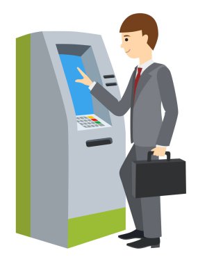 ATM makine kullanarak iş adamı. Beyaz arka plan vektör illüstrasyon insan izole.