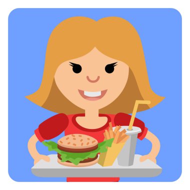 Fast food onun elinde bir tepsi ile küçük kız.
