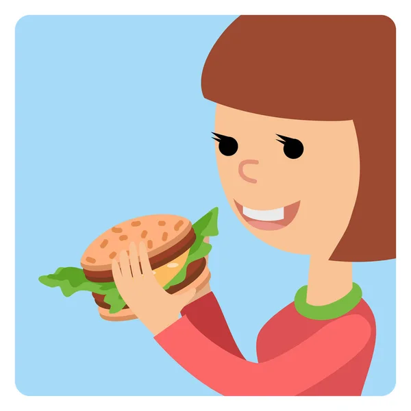Sandviç yeme kız vektör çizim. — Stok Vektör