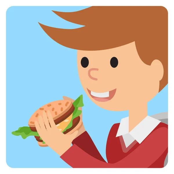 Chlapce jíst sendvič. Vektorové ilustrace na téma rychlé občerstvení. — Stockový vektor