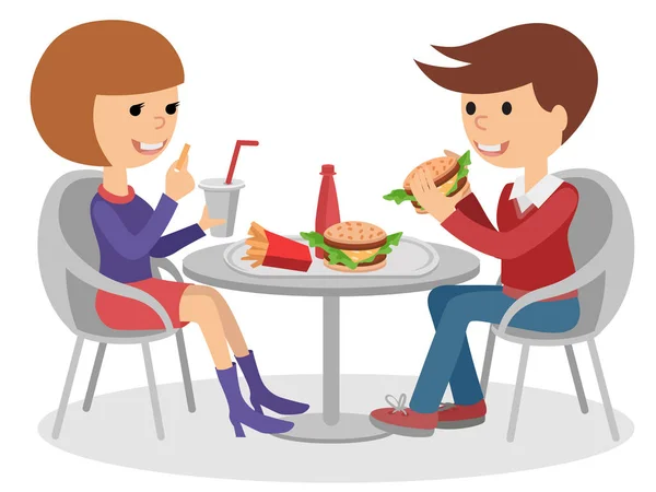 Menina e menino comendo fast food. Ilustração vetorial de um povo à mesa com bebidas sanduíches . — Vetor de Stock