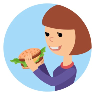 Kız yemek sandviç. Vektör çizim üzerinde Tema lokanta.
