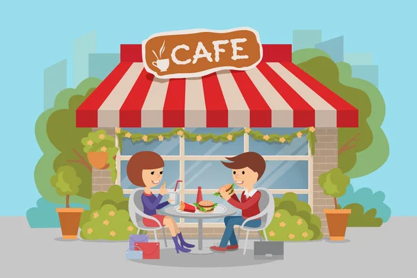 Девочка и мальчик едят фаст-фуд. Векторная иллюстрация людей за столом с бутербродами . — стоковый вектор