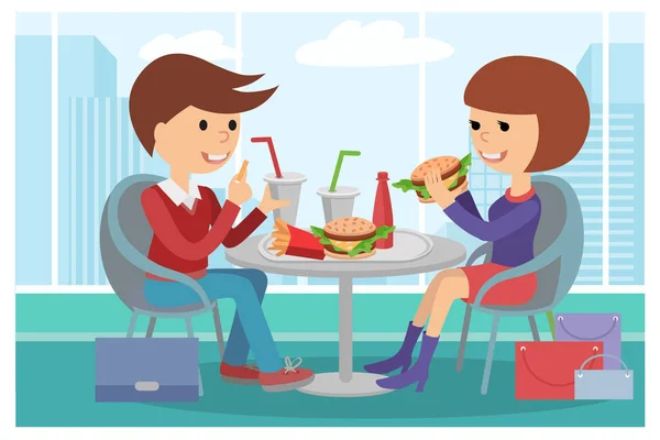 Mädchen und Jungen essen Fast Food. Vektorillustration eines Menschen am Tisch mit belegten Getränken. — Stockvektor