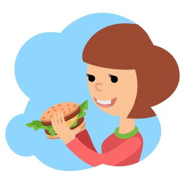 Kız yemek sandviç. Vektör çizim üzerinde Tema lokanta.
