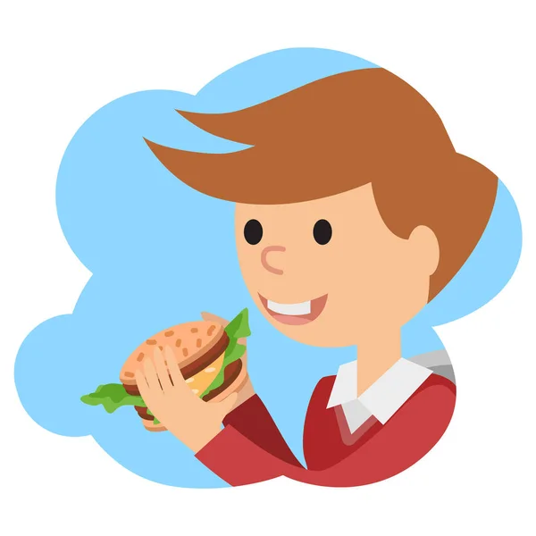Un ragazzo che mangia sandwich. Illustrazione vettoriale sul tema fast food . — Vettoriale Stock