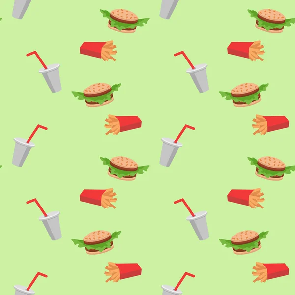 Fast food seamless pattern with cheeseburgers vegetables, french fries, soda