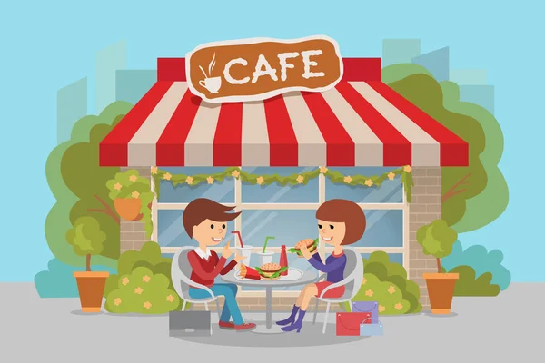 Dívka a chlapec jíst fast food. Vektorové ilustrace lidí u stolu s nápoji sendviče. — Stockový vektor