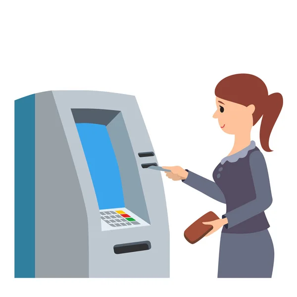 Vrouw met behulp van de ATM-machine. Vector illustratie geïsoleerd witte achtergrond. — Stockvector