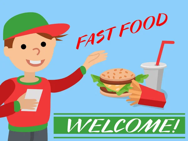 Bir restoran çalışan fast food posteri gösterir. — Stok Vektör