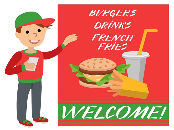 Een werknemer fast-food restaurant toont promotie-poster. — Stockvector