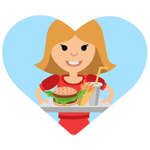 Chica con una bandeja de comida en sus manos . — Vector de stock